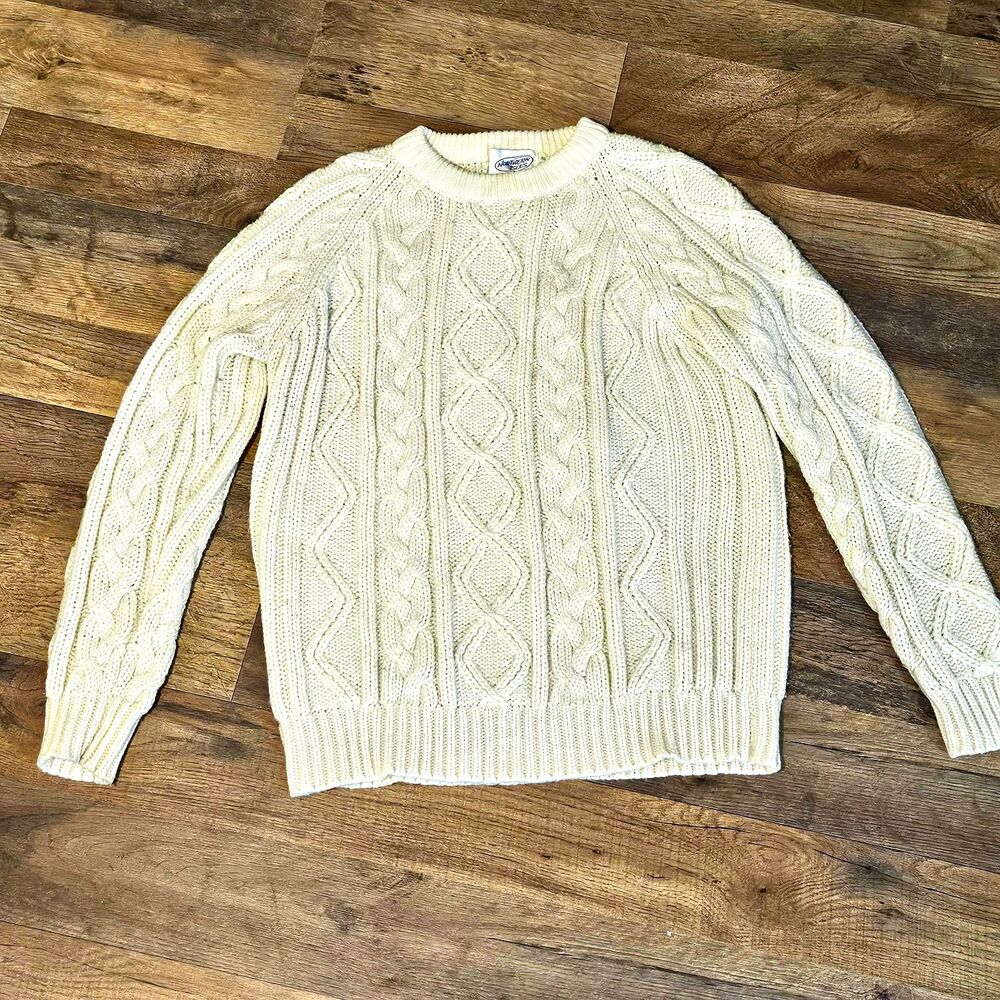 Vintage Northern Isles Cream Cable Knit Sweater 36 S Chunky Fisherman Crewneck